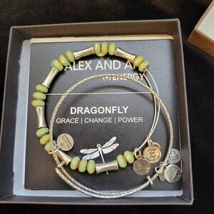 Alex and Ani Bracelet Green Beaded Bangle Set‎ Silver Tone Missing Dragonfly